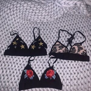 PINK VS Black Lace Bralette Set with Gold and Red Embroidery